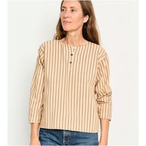 Pietsie Cotton Linen 1/2 button pullover blouse beige striped size M